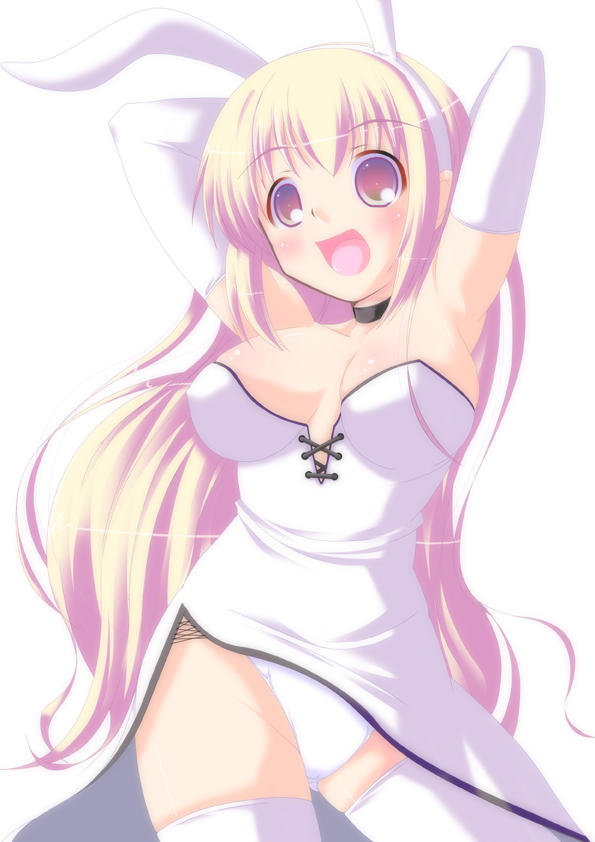 yoshinari atsushi, 1girl, animal ears, blonde hair, blush, breasts, female focus, panties, rabbit ears, solo, thighhighs, underwear