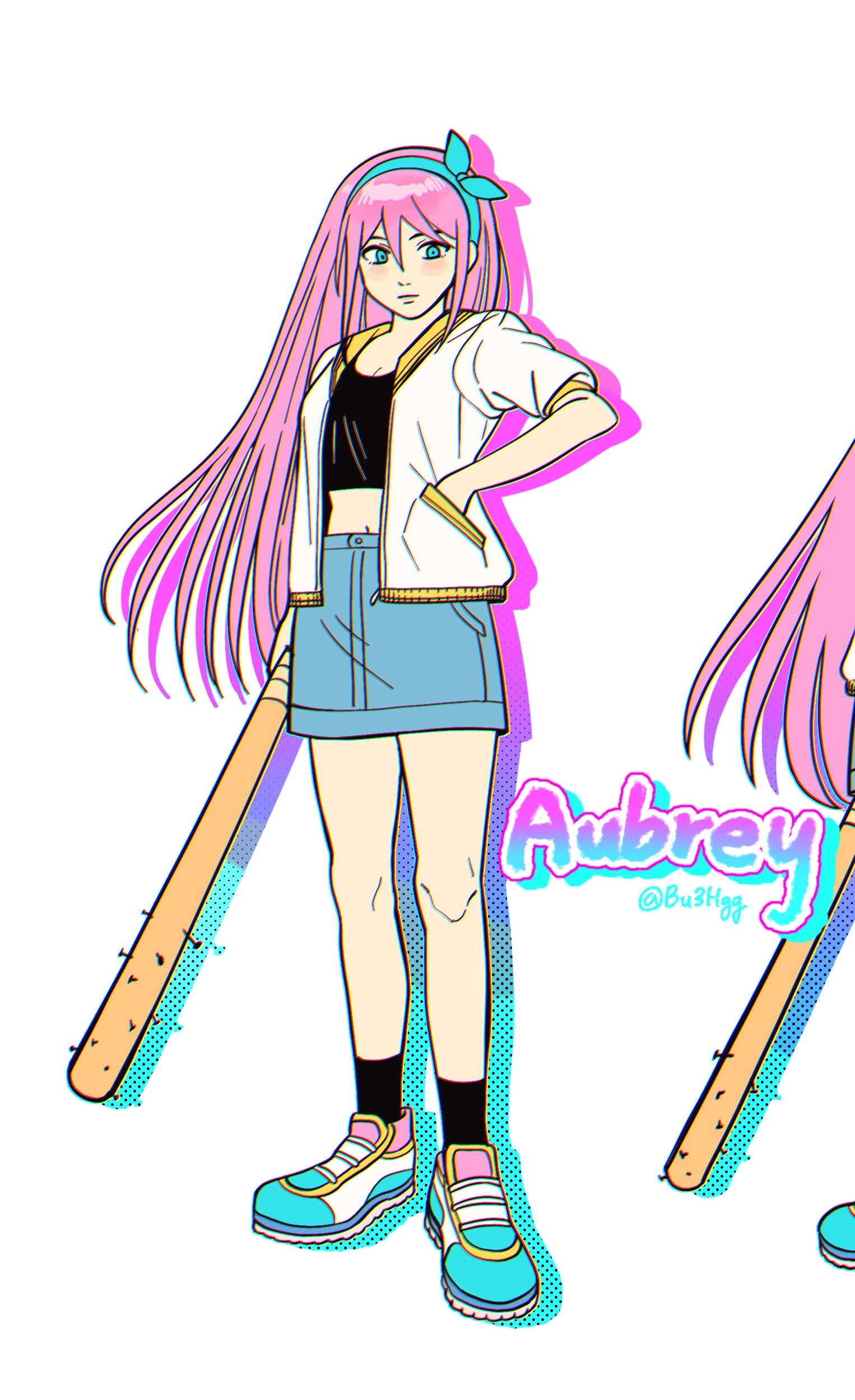 bu3hgg, aubrey (faraway) (omori), aubrey (omori), omori, absurdres, highres, 1girl, artist name, baseball bat, black socks, blue eyes, blue hairband, blue skirt, breasts, character name, closed mouth, crop top, denim, denim skirt, double-parted bangs, full body, hairband, hand in pocket, holding, holding baseball bat, jacket, long hair, looking at viewer, nail (hardware), nail bat, navel, pink hair, shoes, short-sleeved jacket, short sleeves, skirt, small breasts, sneakers, socks, solo, white jacket