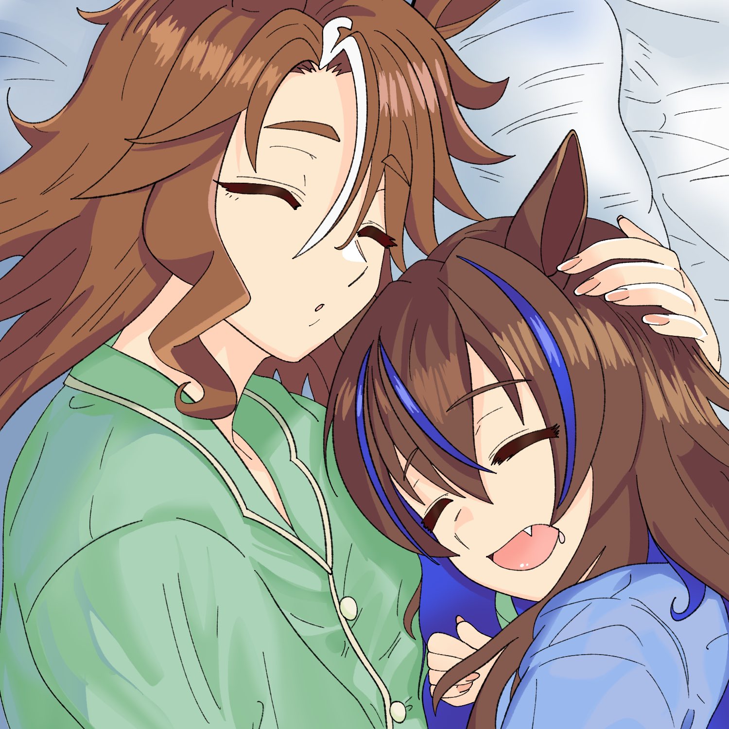 daitaku helios (umamusume), mejiro palmer (umamusume), umamusume, commentary, english commentary, highres, 2girls, animal ears, blue hair, blue pajamas, blue streaks, brown hair, closed eyes, green pajamas, hair between eyes, hair down, hand on another's head, horse ears, horse girl, lying, multicolored hair, multiple girls, on side, open mouth, pajamas, parted bangs, pillow, qernelo, shared bed, sleeping, streaked hair, white hair, white streaks, yuri