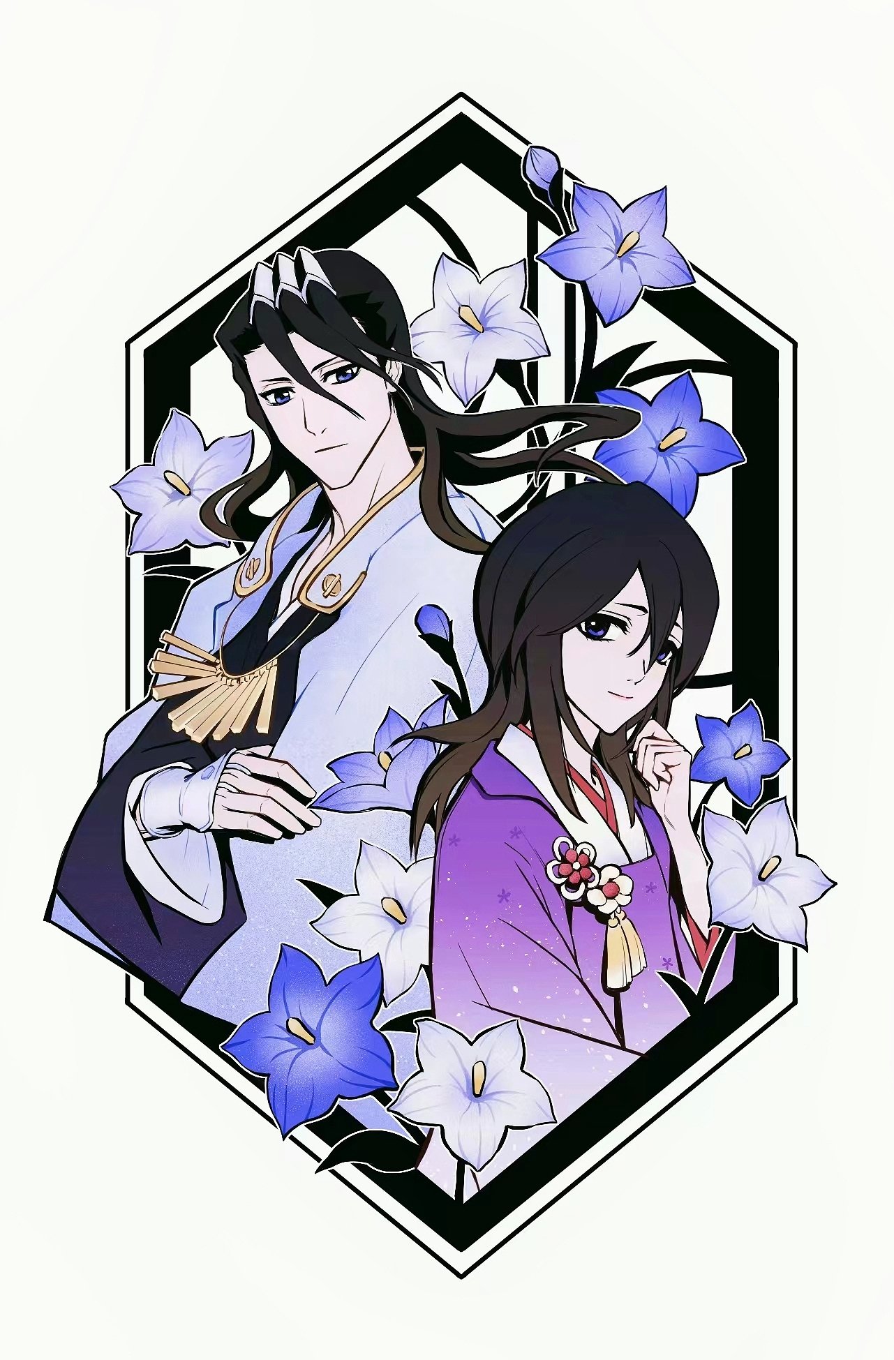 antatica11, kuchiki byakuya, kuchiki hisana, bleach, commentary request, highres, 1boy, 1girl, arm guards, black hair, black kimono, blue eyes, blue flower, clenched hand, closed mouth, couple, cowboy shot, double-parted bangs, floating hair, flower, hair between eyes, hand up, haori, hetero, japanese clothes, kimono, long hair, long sleeves, looking at viewer, nose, outline, outside border, purple kimono, simple background, smile, taichou haori, tsurime, white background, white flower, white outline, wide sleeves