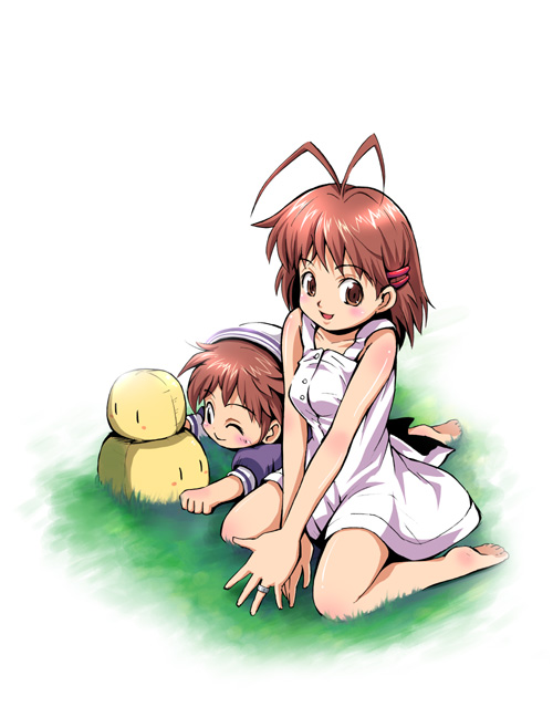 kubocha, furukawa nagisa, okazaki ushio, clannad, dango daikazoku, 00s, antenna hair, barefoot, brown eyes, brown hair, dango, food, jewelry, ring, time paradox, wagashi