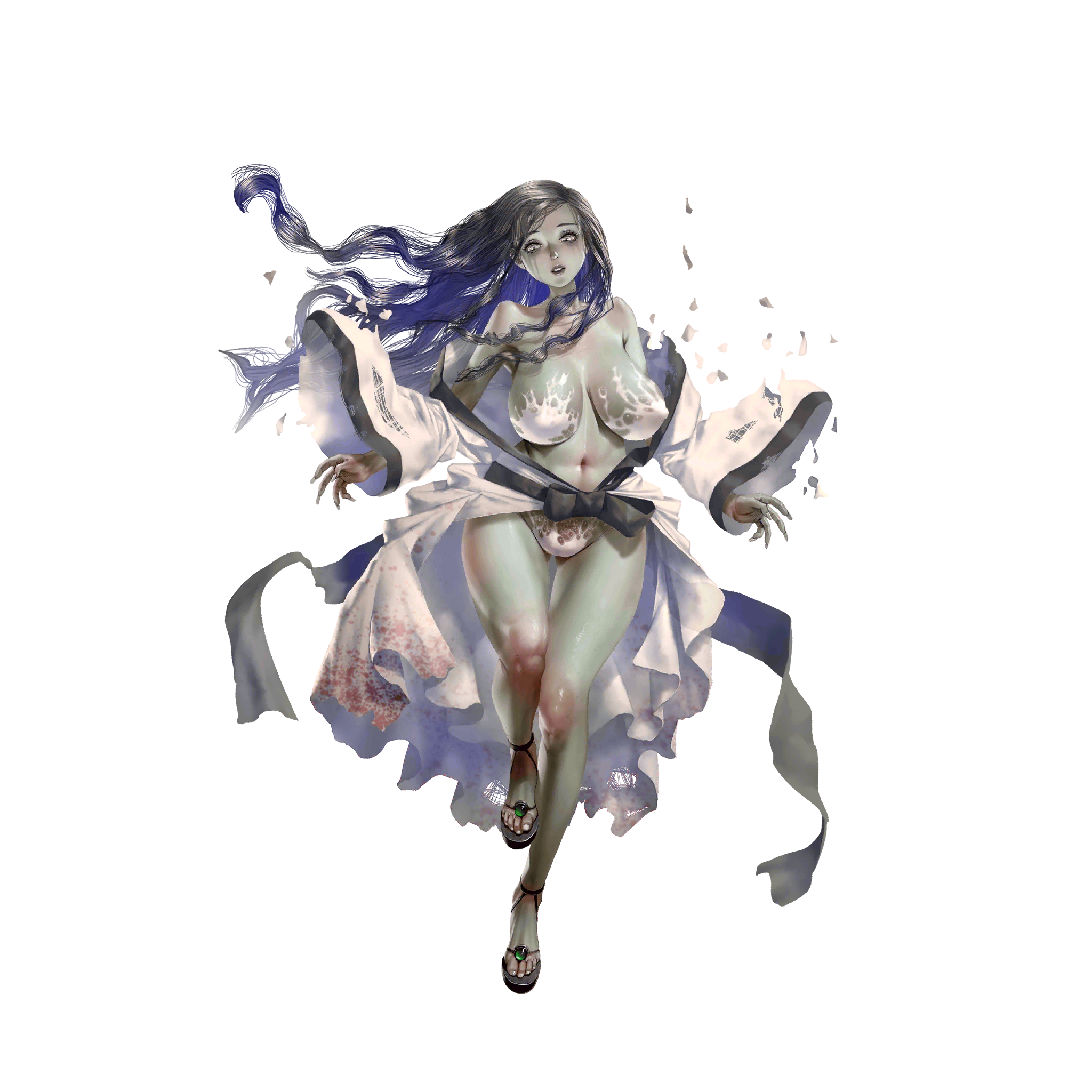 crystal maiden (series), artist request, game cg, highres, official art, variant set, 1girl, bare legs, bare shoulders, black bow, black hair, blood, blood stain, bow, breasts, colored skin, covered erect nipples, full body, grey lips, grey skin, long hair, navel, rose (crystal maidens), sandals, solo, torn clothes, transparent background, undead, yellow eyes