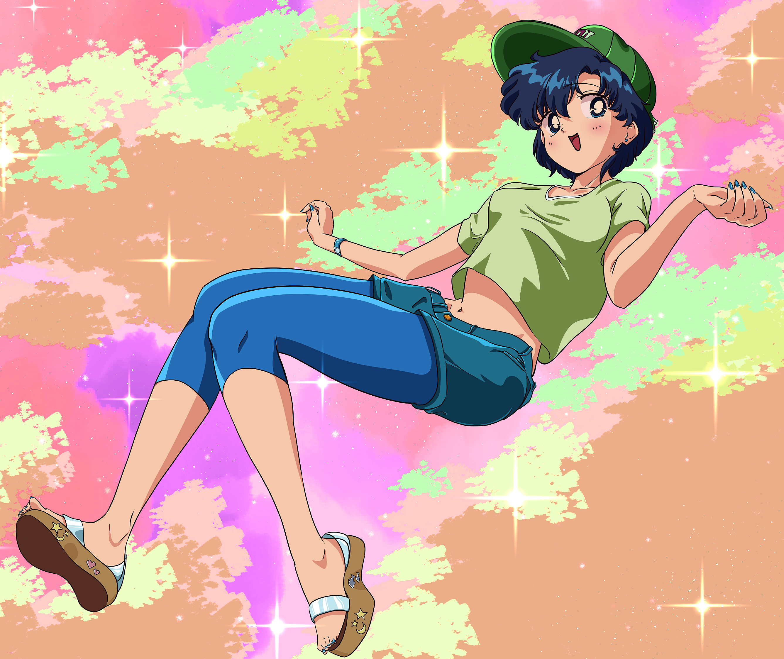 vfwe2535, mizuno ami, bishoujo senshi sailor moon, highres, baseball cap, blue leggings, blue nails, collarbone, denim, denim shorts, earrings, green hat, green shirt, hat, jewelry, leggings, looking at viewer, midriff, navel, parted bangs, platform sandals, sandals, shirt, short hair, shorts, smile, stud earrings, t-shirt, watch
