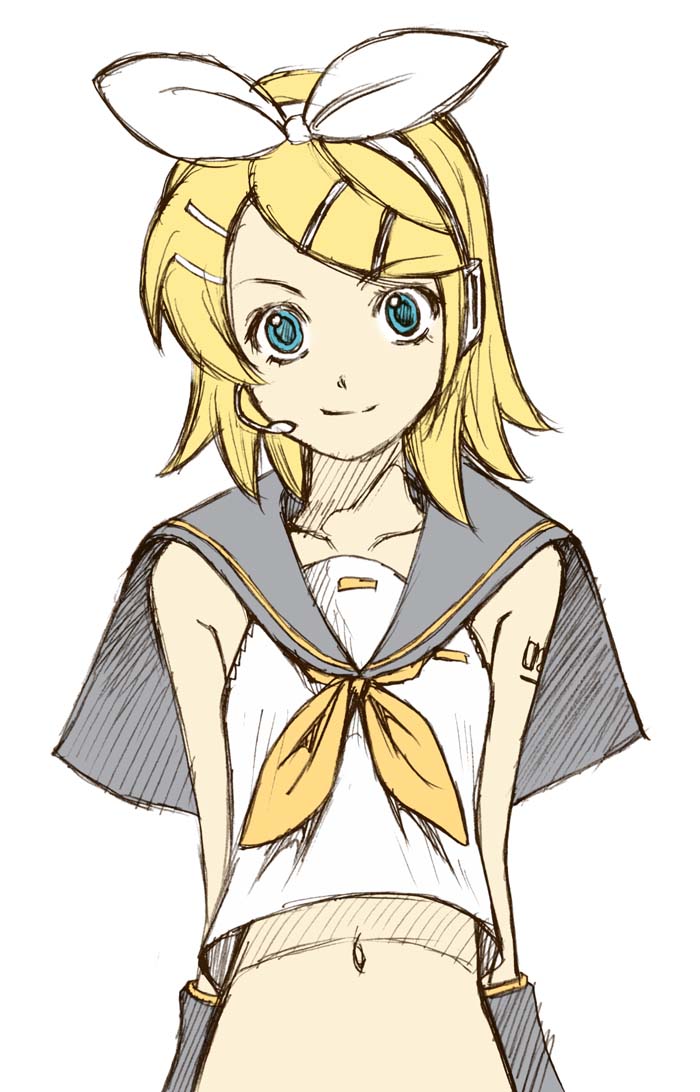 sugiyama shinnosuke, kagamine rin, vocaloid, 1girl, aqua eyes, blonde hair, blouse, female focus, looking at viewer, midriff, navel, shirt, simple background, sketch, solo, white background, white shirt