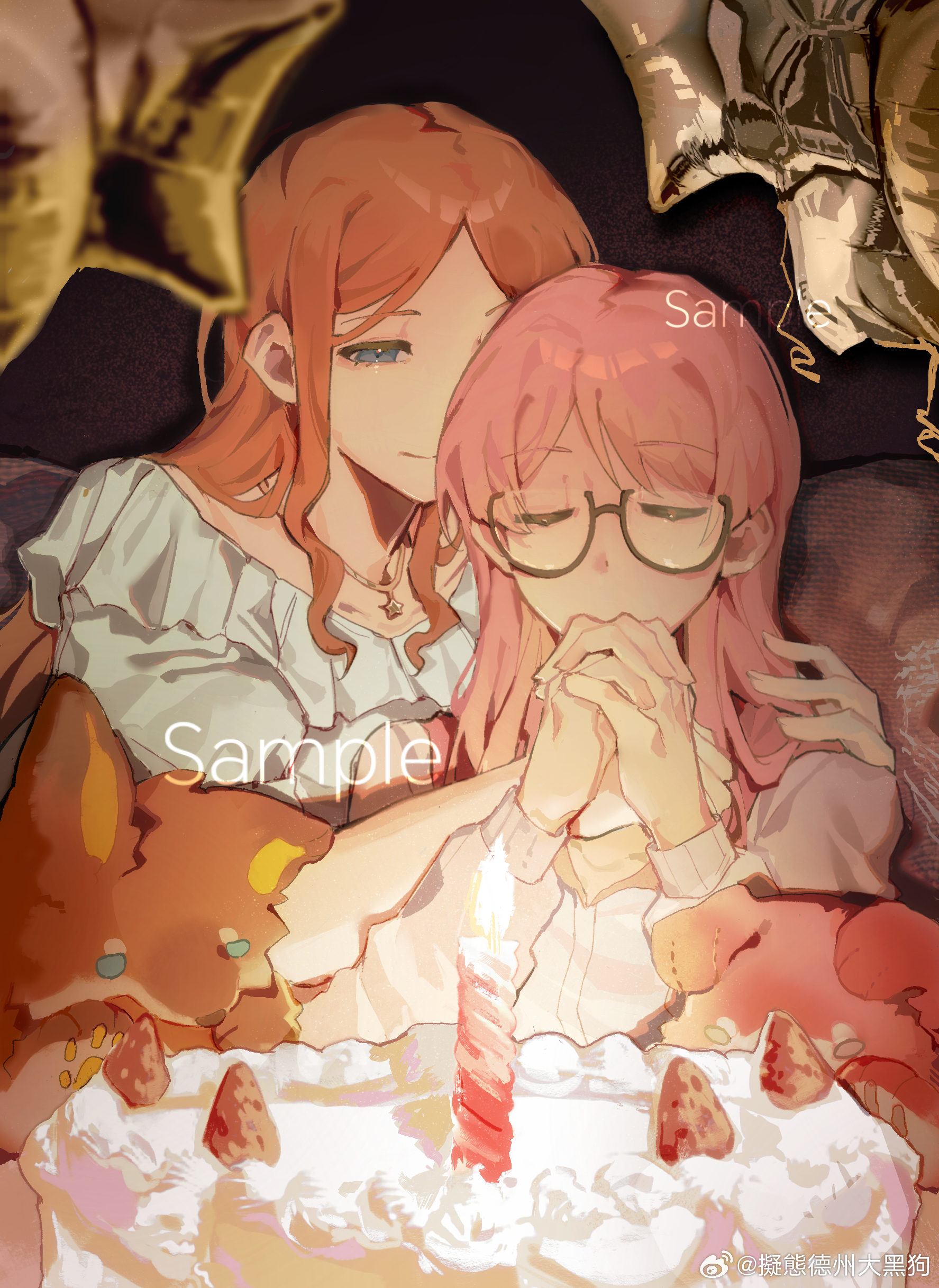 b cat610, chihaya anon, nagasaki soyo, bang dream!, bang dream! it's mygo!!!!!, absurdres, commentary, english commentary, highres, 2girls, balloon, birthday cake, blue eyes, blue shirt, brown hair, cake, candle, closed eyes, closed mouth, food, fruit, glasses, hand on another's neck, hand on another's shoulder, hug, hug from behind, jewelry, long hair, multiple girls, necklace, own hands together, pink hair, sample watermark, shirt, smile, strawberry, stuffed animal, stuffed dog, stuffed fox, stuffed toy, watermark, white shirt, yuri