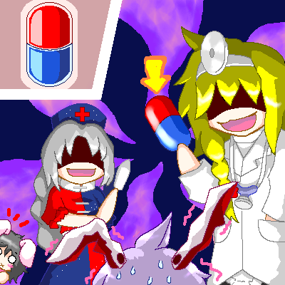 myonde, inaba tewi, kirisame marisa, reisen udongein inaba, yagokoro eirin, dr. mario (game), mario (series), nintendo, super mario bros. 1, super marisa world, touhou, silver hair, lowres, 4girls, :d, ^^^, alternate costume, animal ears, arrow (symbol), black hair, blonde hair, blush stickers, braid, cross, crossover, evil smile, hand in pocket, hat, head mirror, holding, lab coat, long hair, multiple girls, nervous, no headwear, no pupils, o o, oekaki, open mouth, parody, peeking out, pill, rabbit ears, red cross, shaded face, side braid, smile, stethoscope, sweat, very long hair, x mouth