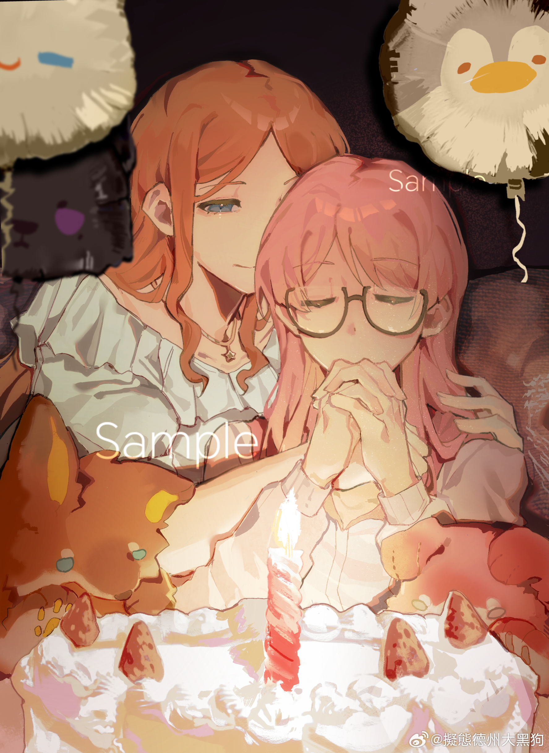 b cat610, chihaya anon, kaname raana, nagasaki soyo, shiina taki, takamatsu tomori, bang dream!, bang dream! it's mygo!!!!!, absurdres, commentary, english commentary, highres, 2girls, balloon, birthday cake, blue eyes, blue shirt, brown hair, cake, candle, closed eyes, closed mouth, food, fruit, glasses, hand on another's neck, hand on another's shoulder, hug, hug from behind, jewelry, long hair, multiple girls, mygo!!!!! (bang dream!), necklace, own hands together, pink hair, sample watermark, shirt, smile, strawberry, stuffed animal, stuffed dog, stuffed fox, stuffed toy, watermark, white shirt, yuri