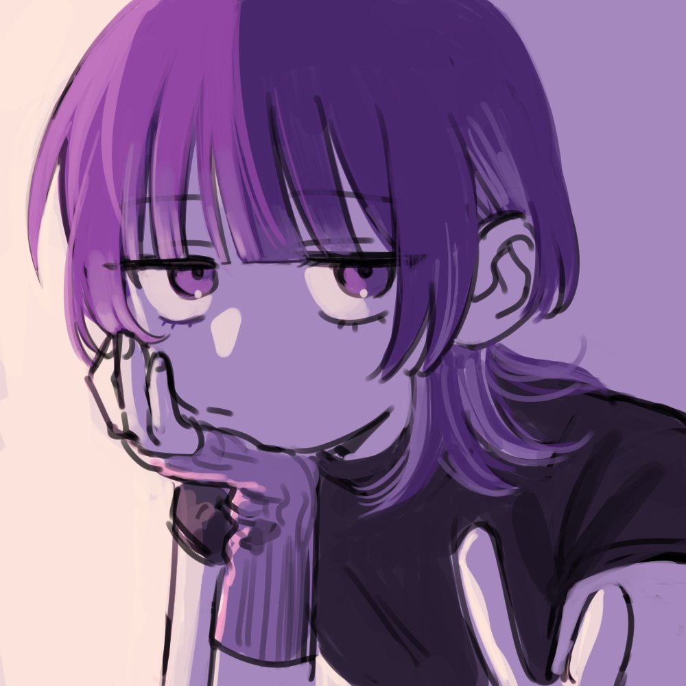 fujii ayame, futsuu no keion-bu, 1girl, :/, arm warmers, black shirt, blunt bangs, closed mouth, hand on own face, head rest, jitome, medium hair, portrait, purple eyes, purple hair, purple theme, seol1m, shirt, short sleeves, solo, v, wolf cut