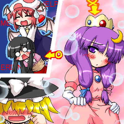 myonde, houraisan kaguya, kirisame marisa, koakuma, patchouli knowledge, princess peach, toad (mario), mario (series), nintendo, super marisa world, touhou, toad, lowres, 4girls, = =, bat wings, black hair, blonde hair, blush, blush stickers, bound, bow, brooch, cosplay, crescent, crescent hair ornament, crossover, crown, dress, elbow gloves, english text, gloves, gown, hair ornament, hat, head wings, jewelry, long hair, multiple girls, necktie, o o, oekaki, parody, pink bow, pink dress, princess, princess peach (cosplay), purple hair, red hair, rope, sweatdrop, tasukete eirin, tears, tied up (nonsexual), toad (cosplay), wings, witch hat