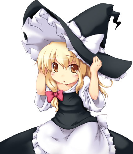 myonde, kirisame marisa, touhou, lowres, 1girl, aged down, blonde hair, blush, female focus, hand on headwear, hat, oversized clothes, simple background, skirt, solo, white background, witch, witch hat, yellow eyes