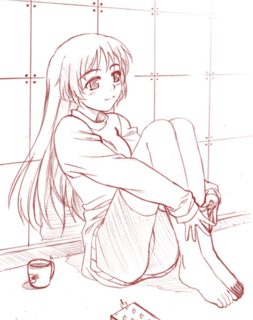 sakumo, sakumo (karatama), original, 1girl, bike shorts, female focus, monochrome, pink theme, sketch, solo