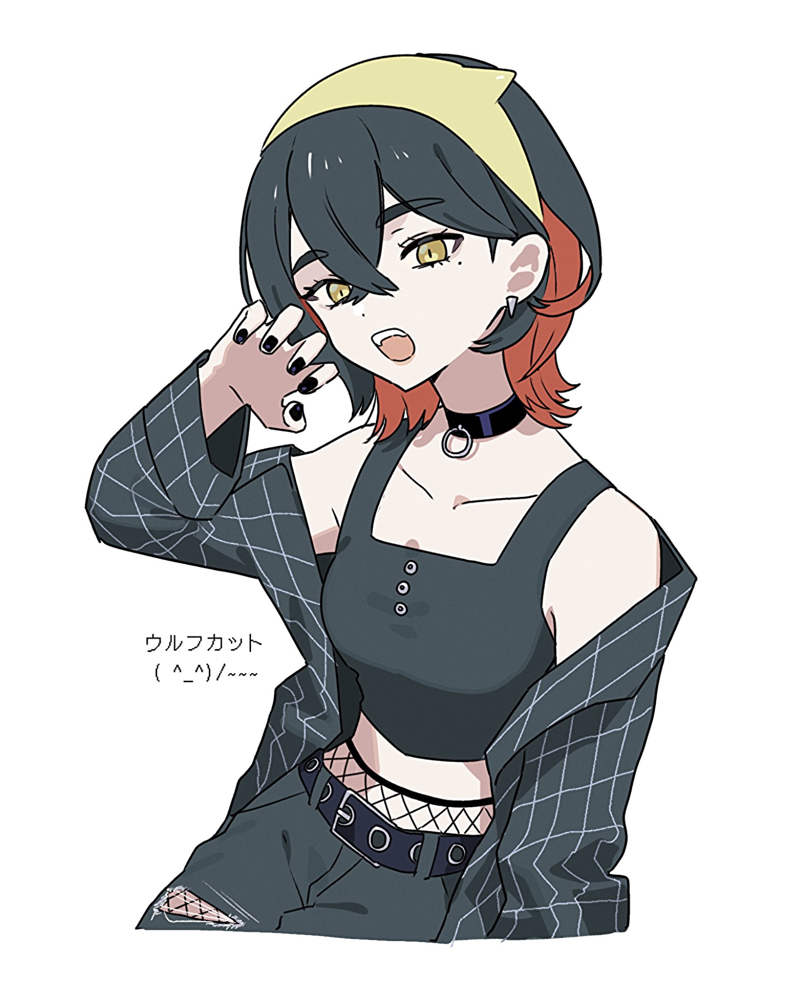 oromnt, carmine (pokemon), nintendo, pokemon, pokemon sv, highres, 1girl, bare shoulders, belt, black choker, black hair, black nails, black pants, black shirt, breasts, choker, collarbone, colored inner hair, crop top, cropped shirt, crossed bangs, fishnets, goth fashion, hair between eyes, hairband, long sleeves, looking at viewer, midriff, mole, mole under eye, multicolored hair, open clothes, open mouth, pants, red hair, shirt, short hair, simple background, teeth, torn clothes, torn pants, two-tone hair, upper teeth only, white background, yellow eyes, yellow hairband