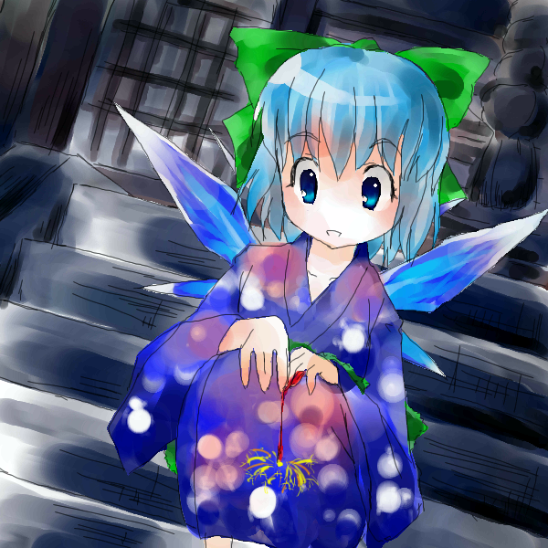 cirno, touhou, 1girl, alternate costume, female focus, fireworks, japanese clothes, oekaki, senkou hanabi, solo, sparkler