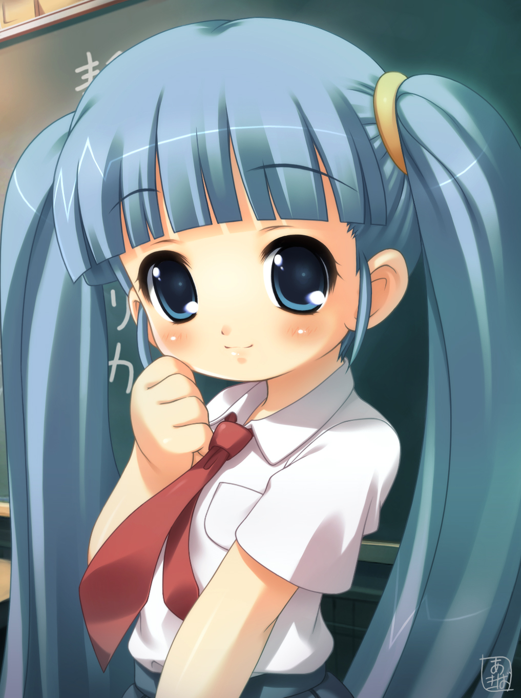 akiba hideki, gretel (otogi-jushi akazukin), otogi-juushi akazukin, gretel, highres, 00s, 1girl, blouse, blue hair, blunt bangs, blush, female focus, indoors, long hair, necktie, red necktie, school uniform, serafuku, shirt, smile, solo, twintails, very long hair, white shirt