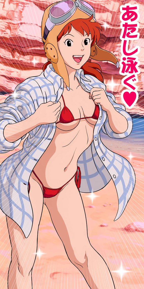 sakkan, fio piccolo, kurenai no buta, studio ghibli, plaid, translated, 1990s (style), 1girl, bikini, female focus, goggles, long hair, micro bikini, open clothes, open shirt, ponytail, red bikini, red hair, retro artstyle, shirt, side-tie bikini bottom, sleeves rolled up, solo, swimsuit