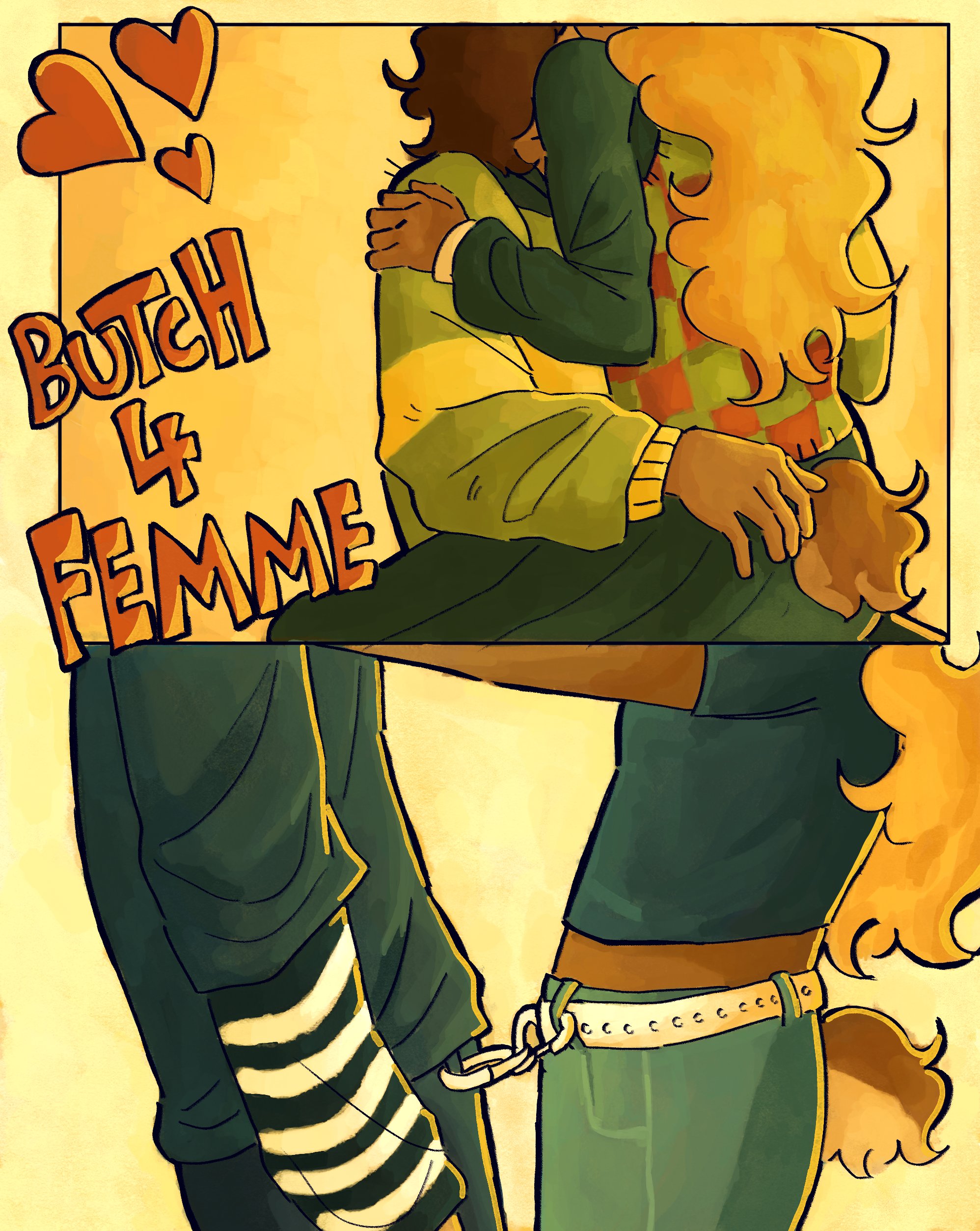 kris (deltarune), noelle holiday, deltarune, utdr (toby fox), absurdres, commentary, english commentary, highres, 1girl, 1other, belt, black shirt, black skirt, blonde hair, blue pants, brown hair, carabiner, checkered sweater vest, deer tail, green sweater, heart, kiss, long hair, mason (cosmvcfire), medium hair, other with female, pants, shirt, skirt, striped clothes, striped shirt, sweater, tail, white belt