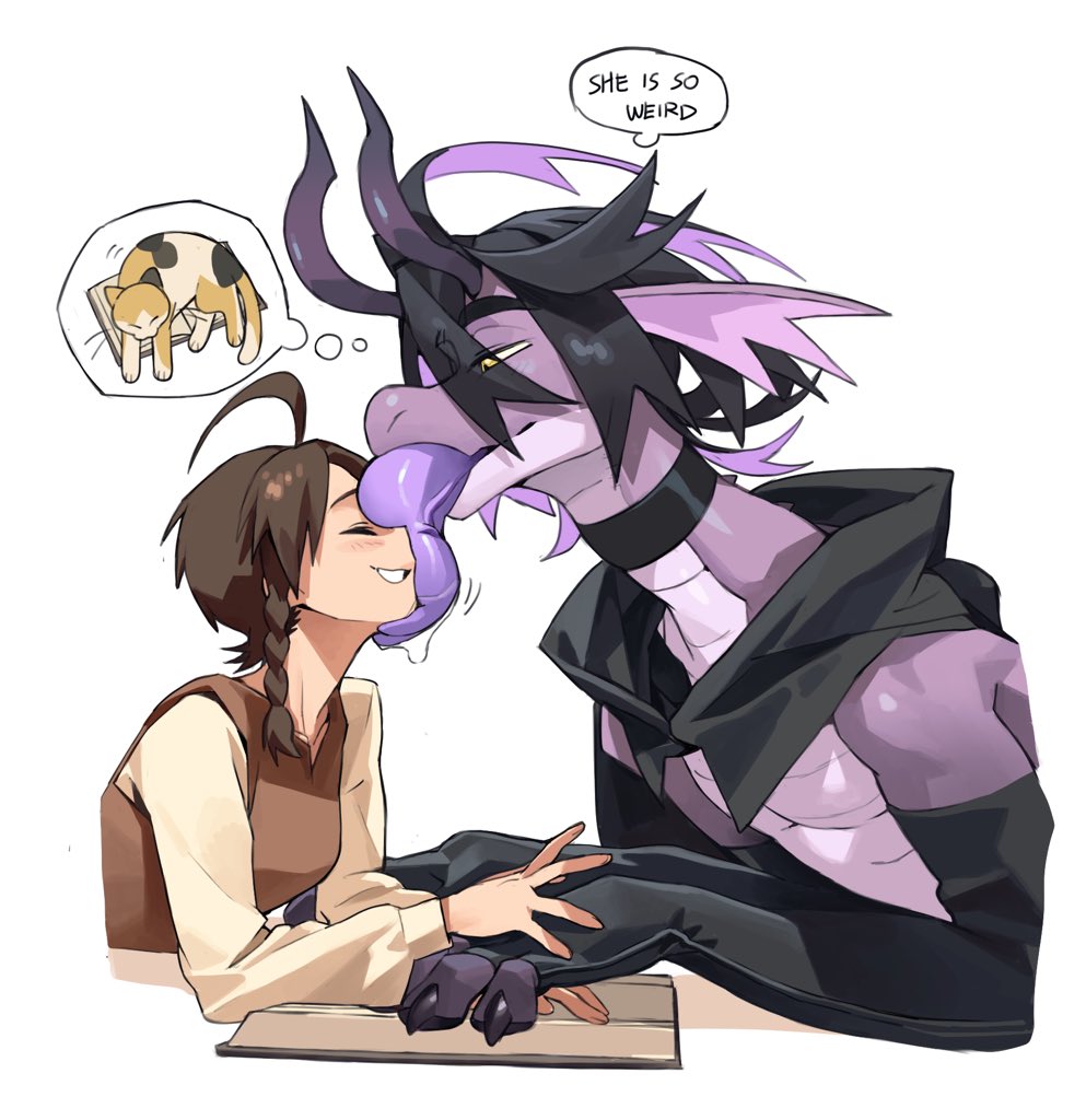 knifedragon, juliana (pokemon), kieran (pokemon), nintendo, pokemon, pokemon sv, 1boy, 1girl, animal ears, animalization, black hair, braid, brown hair, cat, colored tongue, dragon, dragon boy, dragon ears, dragon horns, english text, hetero, horns, licking, licking another's face, looking at viewer, purple tongue, simple background, single braid, speech bubble, thought bubble, tongue, tongue out, white background