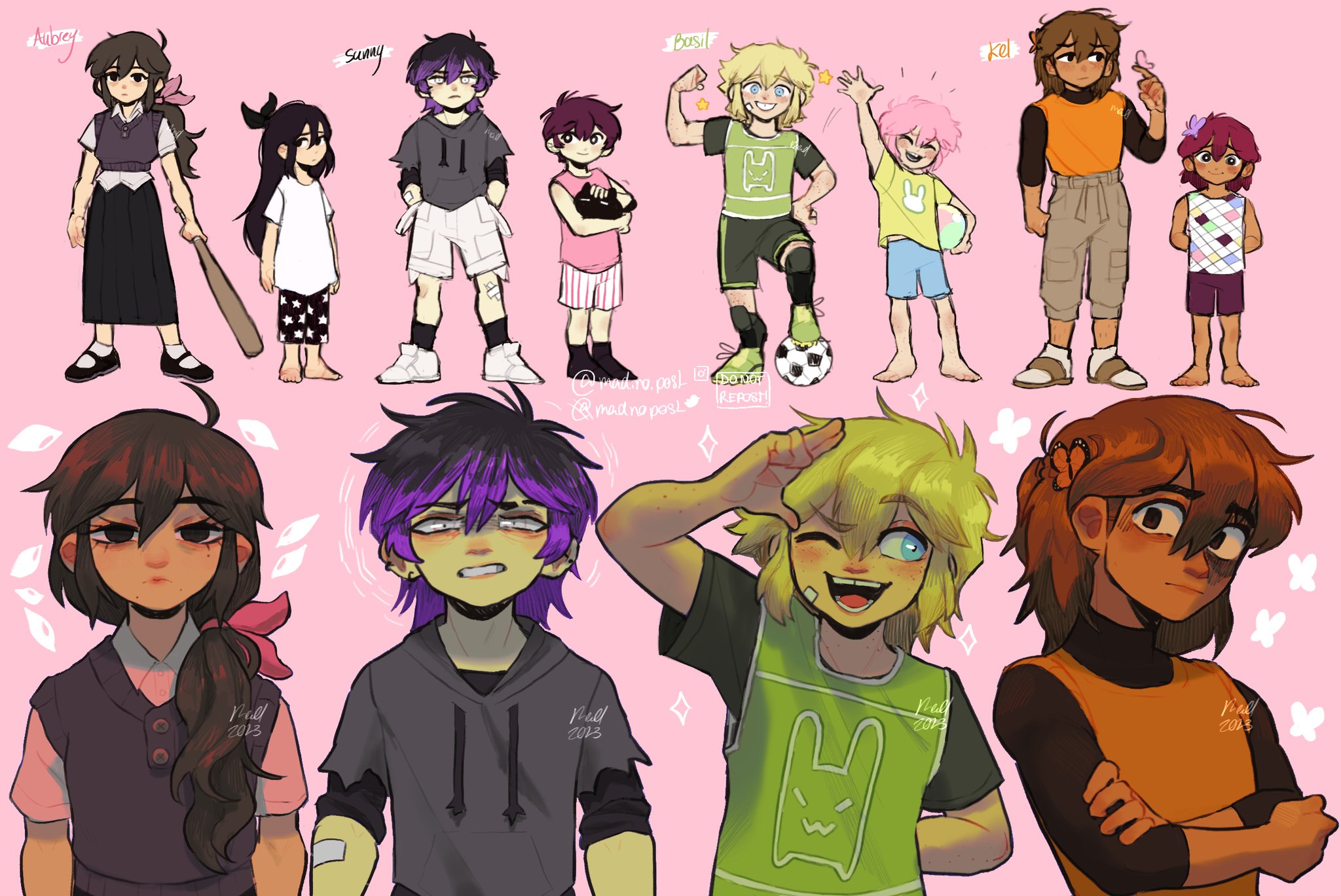 madnopost, aubrey (faraway) (omori), aubrey (headspace) (omori), aubrey (omori), basil (faraway) (omori), basil (headspace) (omori), basil (omori), kel (faraway) (omori), kel (headspace) (omori), kel (omori), mewo, omori (omori), sunny (omori), omori, highres, 2girls, 6+boys, ahoge, alternate costume, alternate eye color, alternate hair color, alternate hairstyle, alternate universe, animal, antenna hair, arm up, artist name, ball, bandaid, bandaid on arm, bandaid on cheek, bandaid on face, barefoot, baseball bat, black eyes, black hair, black shoes, black shorts, black skirt, black socks, black sweater vest, blonde hair, blue eyes, blue shorts, blush, brown hair, brown pants, butterfly hair ornament, cat, character name, cleats, clenched teeth, closed eyes, closed mouth, collared shirt, crossed bandaids, dark-skinned male, dark skin, double-parted bangs, dual persona, ear piercing, flip-flops, green shoes, hair between eyes, hair ornament, hair ribbon, hands in pockets, holding, holding animal, holding ball, holding baseball bat, long hair, long skirt, long sleeves, looking at viewer, low ponytail, mole, mole under eye, mole under mouth, multicolored hair, multiple boys, multiple girls, one eye closed, open mouth, pants, piercing, pink background, pink hair, pink ribbon, pink tank top, ponytail, purple hair, ribbon, sandals, shin guards, shirt, shoes, short hair, short sleeves, shorts, sidelocks, skirt, smile, sneakers, soccer ball, socks, striped clothes, striped shorts, sweater vest, tank top, teeth, tooth gap, two-tone hair, vertical-striped clothes, vertical-striped shorts, white eyes, white shirt, white shoes, white shorts, white socks, yellow shirt