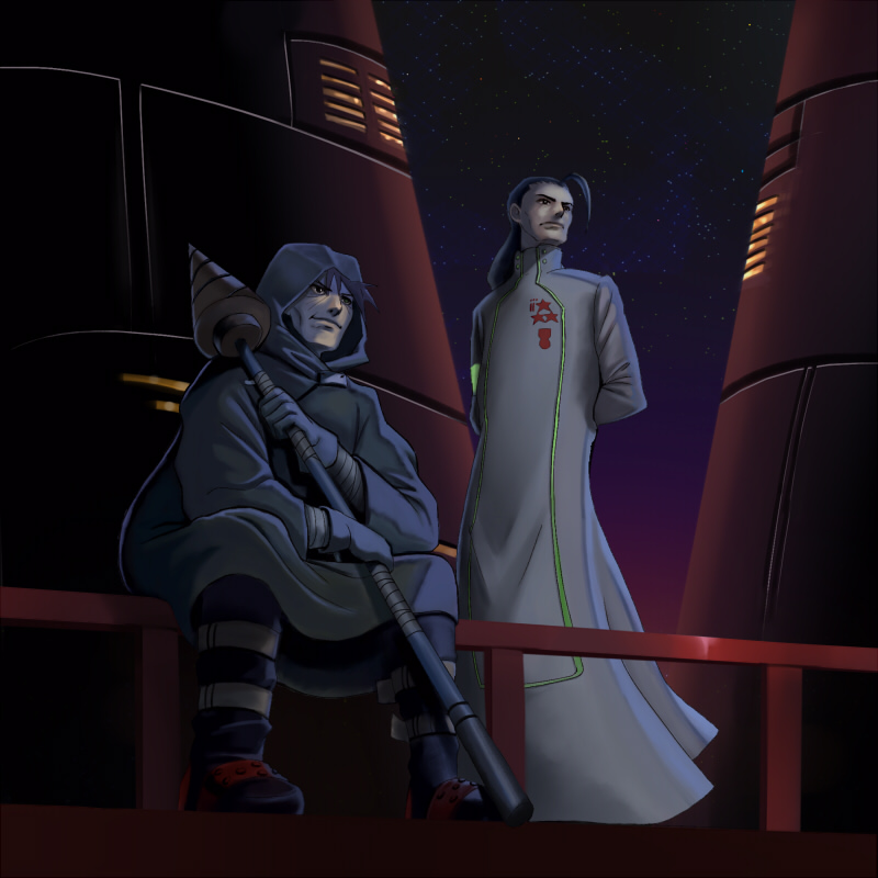 shikaku, rossiu adai, simon (ttgl), tengen toppa gurren lagann, spoilers, 00s, 2boys, aged up, drill, gradient background, hood, male focus, multiple boys, old, polearm, spear, square jaw, weapon
