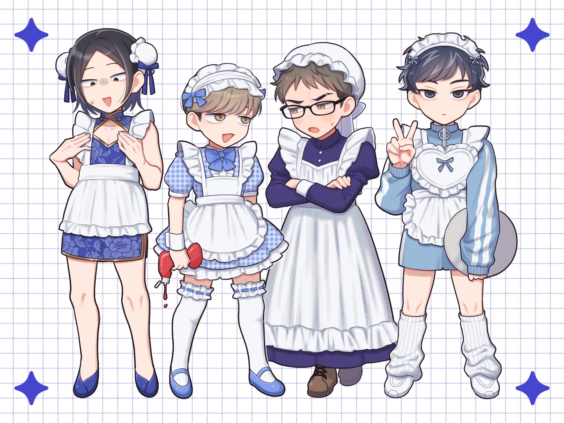 ueo tt, mizuo haruichi, protocol. (futsuu no keion-bu), taguchi ryuuya, takami kouki, tohno gen, futsuu no keion-bu, commentary request, highres, 4boys, :d, :o, alternate costume, apron, bare arms, black-framed eyewear, black eyes, black hair, blue bow, blue bowtie, blue dress, blue jacket, blue shoes, blue theme, bow, bowtie, brown eyes, brown hair, brown shoes, bun cover, chibi, chibi only, china dress, chinese clothes, cleavage cutout, clothing cutout, collared dress, crossdressing, crossdressing (mtf), crossed arms, double bun, dress, enmaided, eye contact, eyebrow cut, floral print, floral print dress, frilled apron, frilled thighhighs, frills, full body, glasses, grid background, hair bun, hands on own chest, hat, holding, holding tray, jacket, jersey maid, juliet sleeves, ketchup bottle, long dress, long sleeves, looking at another, loose socks, maid, maid apron, maid headdress, male focus, male maid, mob cap, multiple boys, open mouth, parted bangs, plaid clothes, plaid dress, print dress, puffy short sleeves, puffy sleeves, shaded face, shoes, short hair, short sleeves, single sleeve past wrist, smile, socks, thighhighs, track jacket, tray, tsurime, unconventional maid, unmoving pattern, v-shaped eyebrows, victorian maid, white apron, white hat, white shoes, white thighhighs, zettai ryouiki