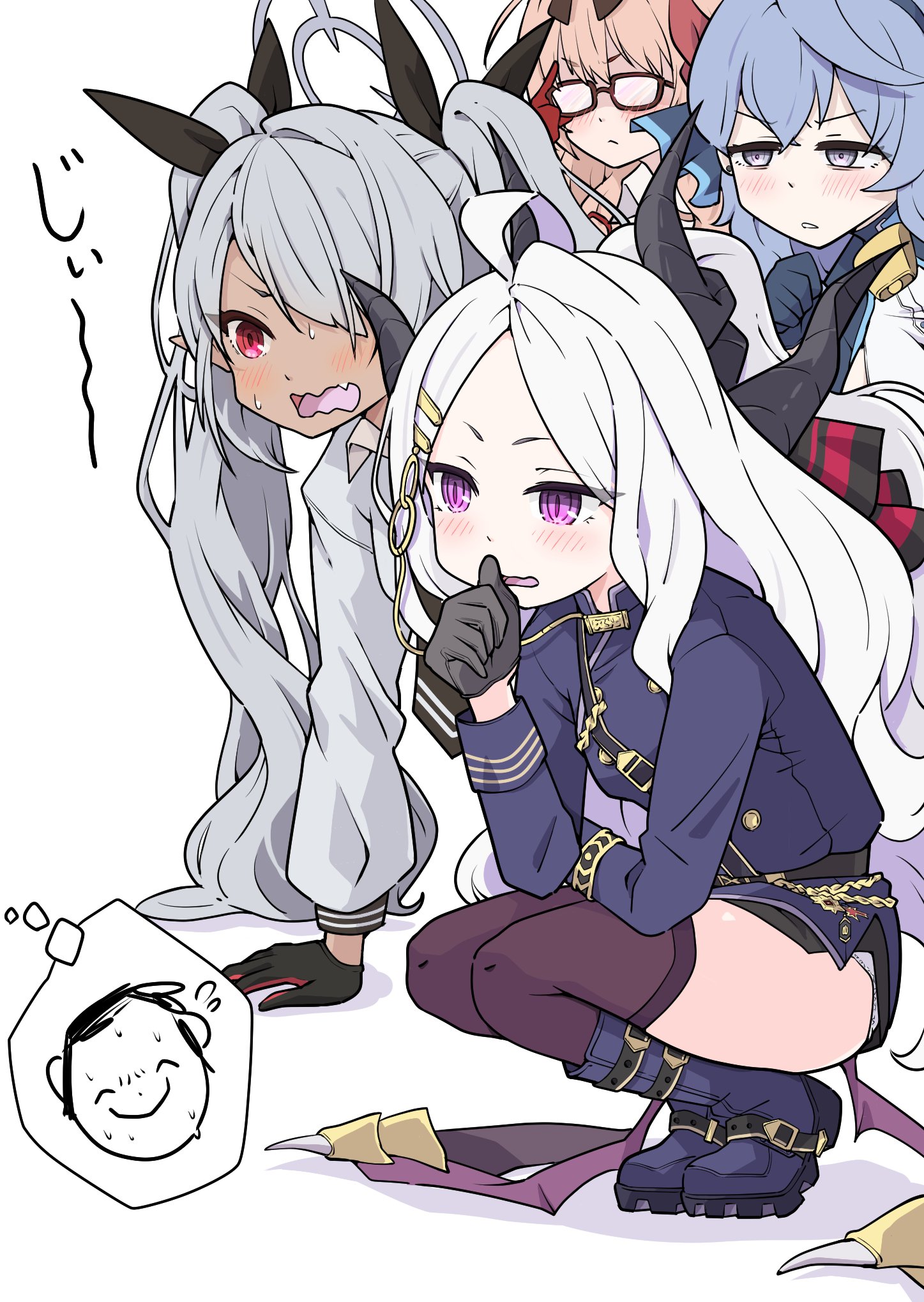 mosuke1221, ako (blue archive), chinatsu (blue archive), doodle sensei (blue archive), hina (blue archive), iori (blue archive), sensei (blue archive), blue archive, highres, 1boy, 4girls, ahoge, black skirt, blue eyes, blue hair, demon girl, demon horns, demon wings, fang, grey hair, horns, long hair, multiple girls, open mouth, orange hair, panties, prefect team (blue archive), purple eyes, red eyes, skirt, twintails, underwear, very long hair, white hair, white panties, wings