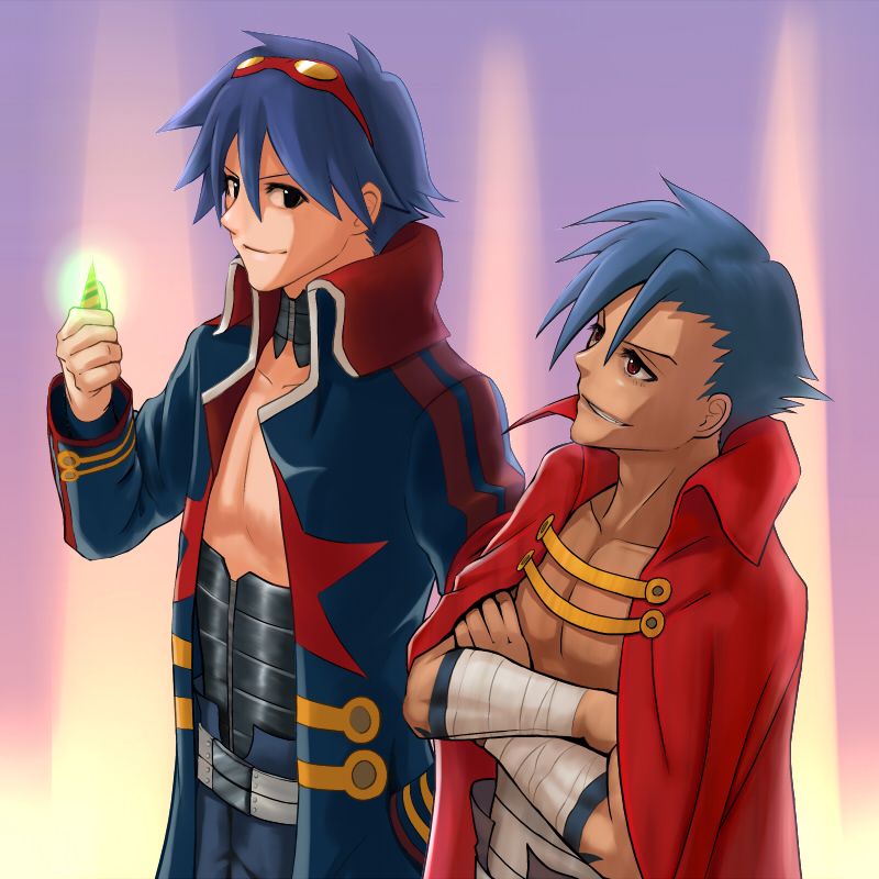 shikaku, kamina (ttgl), simon (ttgl), tengen toppa gurren lagann, light, 00s, 2boys, aged up, bandages, black eyes, blue hair, bodypaint, cape, core drill, crossed arms, drill, glowing, goggles, goggles on head, male focus, multiple boys, red eyes