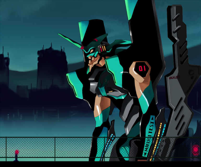 shikaku, eva 01, hatsune miku, neon genesis evangelion, vocaloid, crossover, mecha, mechanization, parody, pun, robot, what