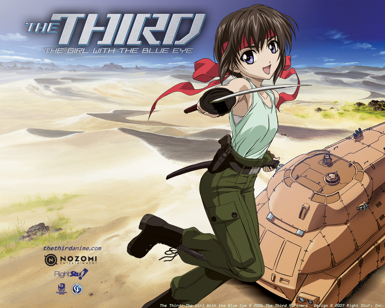 honoka, honoka (the third), the third, vehicle, official art, official wallpaper, 1girl, blue eyes, desert, female focus, gun, handgun, headband, holster, military, military vehicle, motor vehicle, pistol, solo, sword, tank, weapon