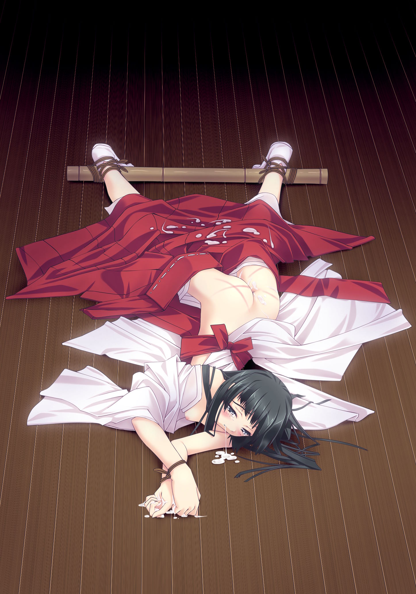 murakami suigun, miko (murakami suigun), f-ism, original, highres, jpeg artifacts, 1girl, aftersex, ass, bdsm, bondage, bound, bound wrists, breasts, clothes lift, cum, cum in mouth, cumdrip, female focus, hakama, hakama skirt, japanese clothes, miko, nipples, red hakama, skirt, skirt lift, small breasts, solo, spreader bar, tabi, whip marks