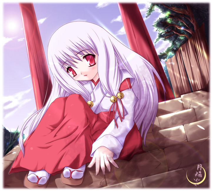 arima yuzu, tsuki kagerou, 00s, 1girl, aged down, bell, blush, child, female focus, hair bell, hair ornament, hakama, hakama skirt, japanese clothes, miko, red hakama, shrine, sitting, sitting on stairs, skirt, solo, stairs, torii
