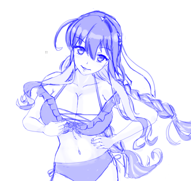naganami (kancolle), naganami kai ni (kancolle), yasakae (coumin c), kantai collection, 1girl, bikini, blue theme, braid, breasts, cleavage, collarbone, cowboy shot, criss-cross straps, frilled bikini, frills, front-tie bikini top, front-tie top, hairband, large breasts, looking at viewer, low twin braids, monochrome, multicolored hair, naganami kai ni (swimsuit) (kancolle), side-tie bikini bottom, solo, swimsuit, twin braids, two-tone hair, wavy hair
