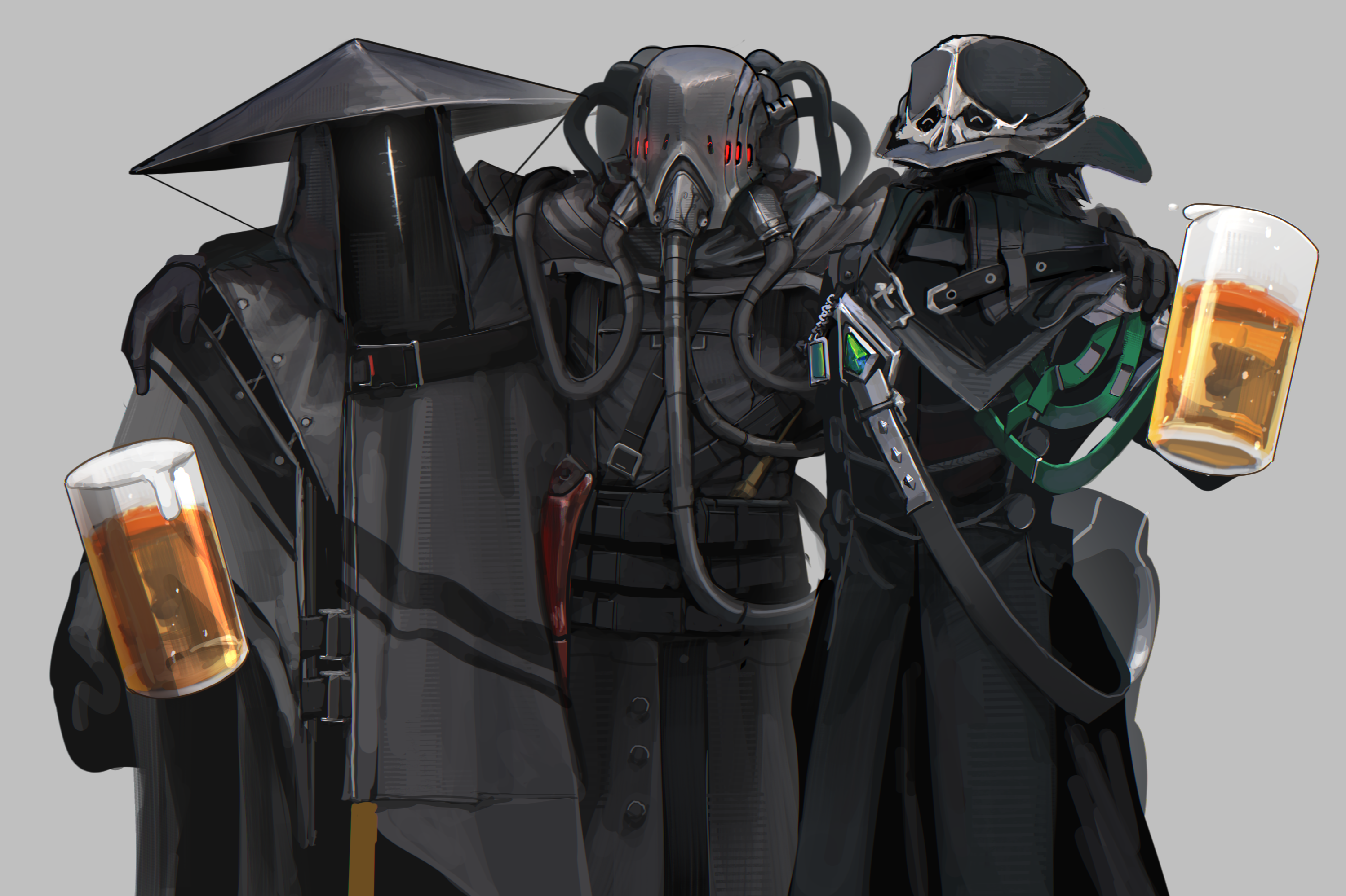 kusami toka naku au, emperor's blade (arknights), arknights, highres, 3boys, armor, beer mug, black hat, conical hat, covered face, cup, grey background, hand on another's shoulder, hat, holding, holding cup, male focus, mug, multiple boys, shadow guard (arknights), simple background, trilby asher (arknights)