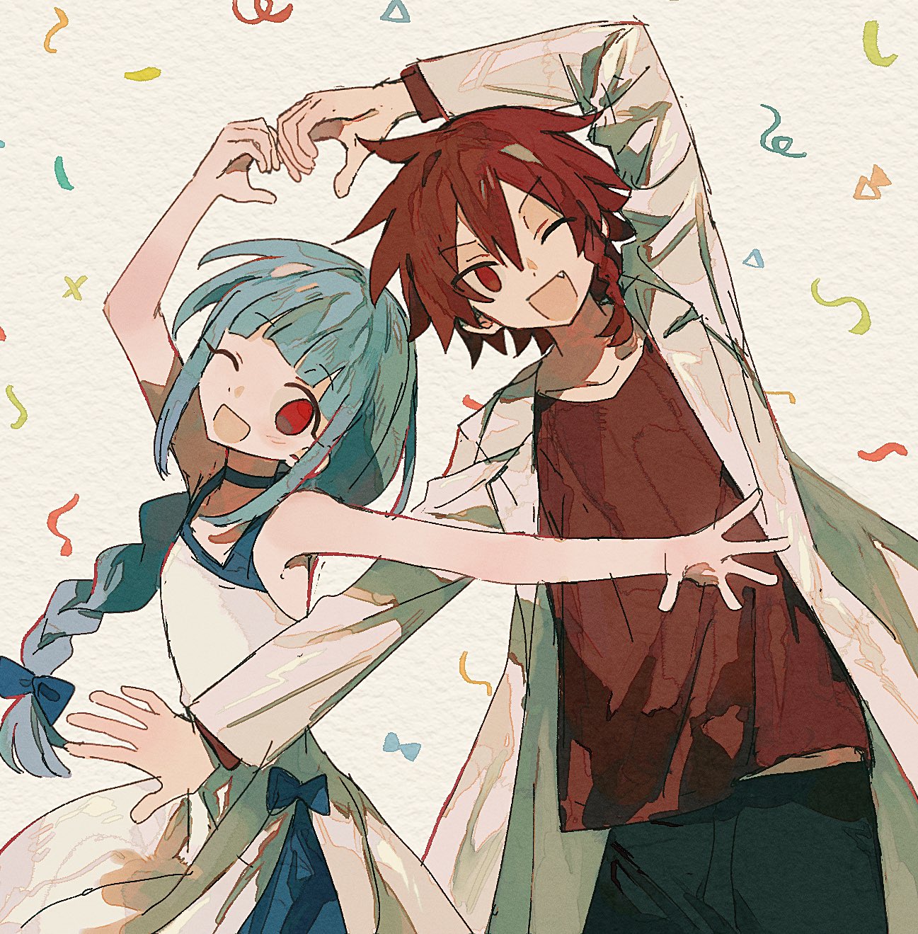nazo smile, maeno aki, ushirono natsu, zeno (game), highres, 1boy, 1girl, arm up, blue hair, braid, coat, dress, fang, hair between eyes, heart, heart hands, heart hands duo, lab coat, long hair, looking at viewer, one eye closed, red eyes, red hair, red shirt, shirt, short hair, side braid, simple background, single braid, sleeveless, sleeveless dress, smile, white background, white coat, white dress