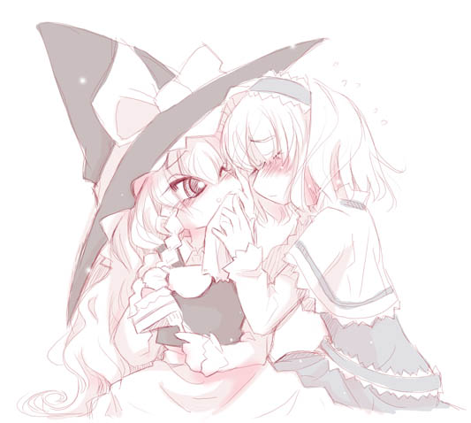 usoneko, alice margatroid, kirisame marisa, touhou, 2girls, blush, cake, dress, female focus, food, hat, multiple girls, pale color, pastry, skirt, white background, witch, witch hat