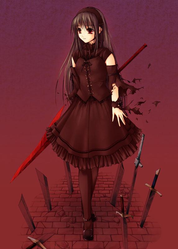 kirishima satoshi, original, 1girl, broken, broken sword, broken weapon, brown hair, detached sleeves, dress, female focus, frills, full body, hairband, headband, long hair, pantyhose, planted, planted sword, planted weapon, red eyes, skirt, solo, sword, torn clothes, walking, weapon