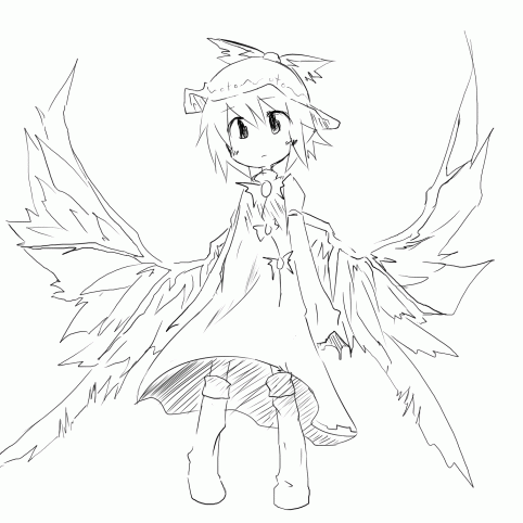 kuroneko no toorimichi, mystia lorelei, touhou, animated, animated gif, lowres, 1girl, female focus, greyscale, monochrome, sketch, solo, wings