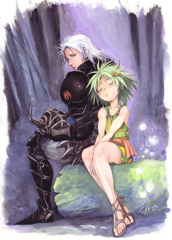 hirokazu, cecil harvey, dark knight (final fantasy), rydia (ff4), rydia (young) (ff4), final fantasy, final fantasy iv, 1990s (style), 1boy, 1girl, aged down, armor, child, dark knight, eyelashes, frown, glowing, green hair, helmet, retro artstyle, sandals, sitting, sleeping, tears, unworn headwear, unworn helmet, white hair