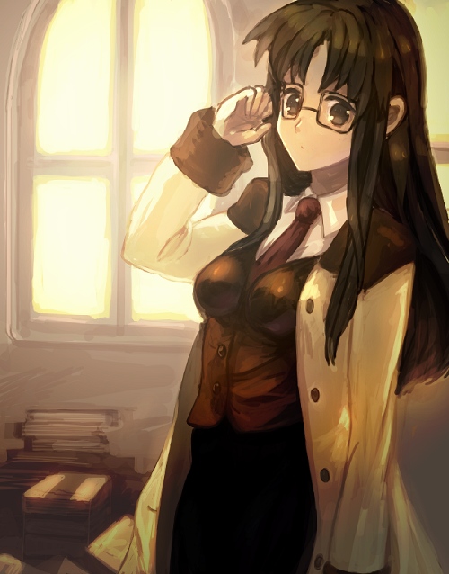 emi (emi43), yomiko readman, read or die, 00s, 1girl, adjusting eyewear, arm at side, backlighting, black skirt, blush, book, book stack, brown eyes, brown hair, brown vest, buttons, closed mouth, collared shirt, cowboy shot, female focus, glasses, indoors, long hair, long sleeves, looking at viewer, shirt, skirt, solo, standing, unbuttoned, vest, white shirt, window, wing collar