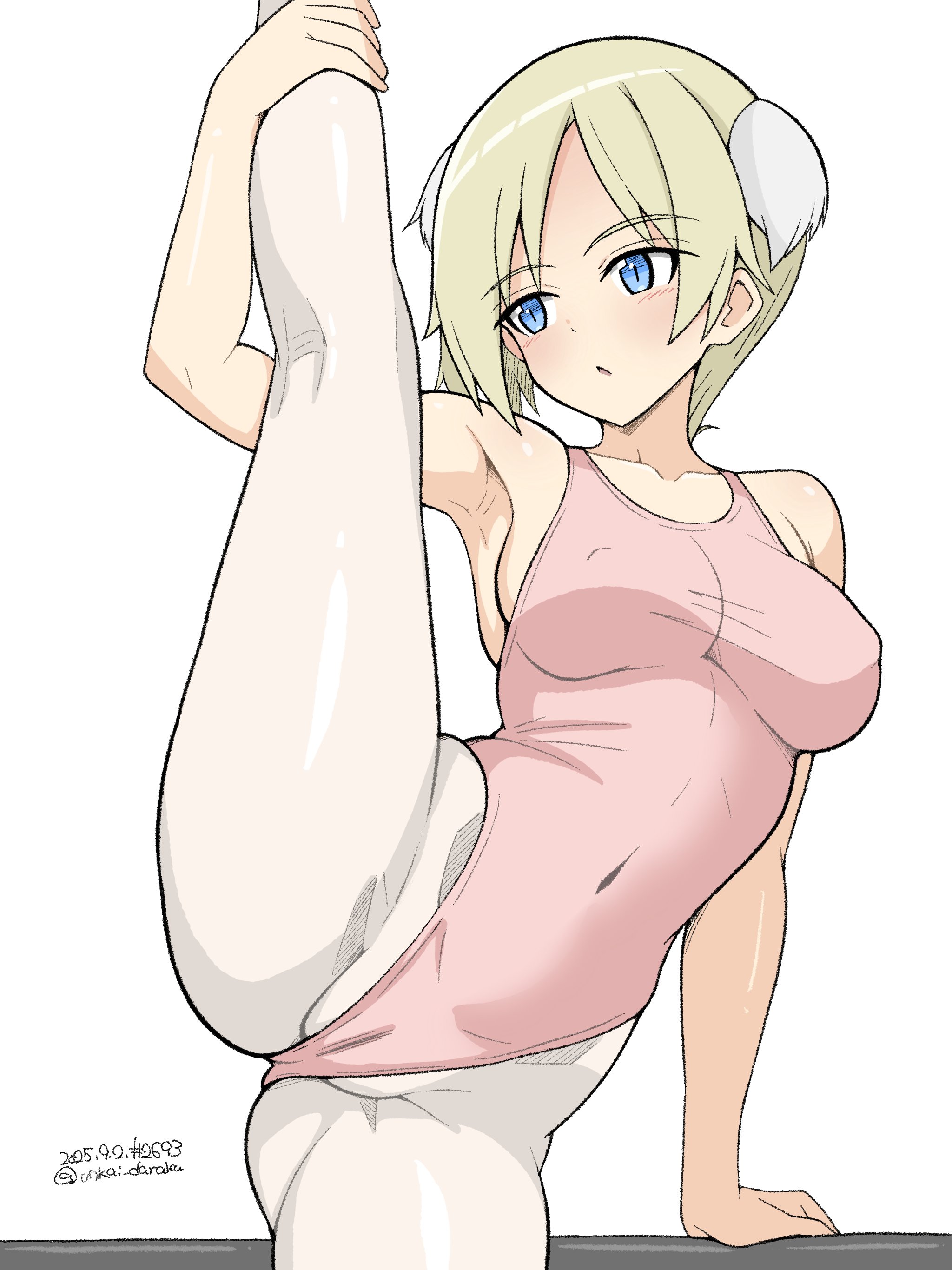 unkai daraku, martina crespi, strike witches: kurenai no majo-tachi, world witches series, 1girl, blonde hair, blue eyes, blush, breasts, cameltoe, collarbone, covered navel, crotch, large breasts, leotard, open mouth, pantyhose, pink leotard, solo, white pantyhose, wing ears