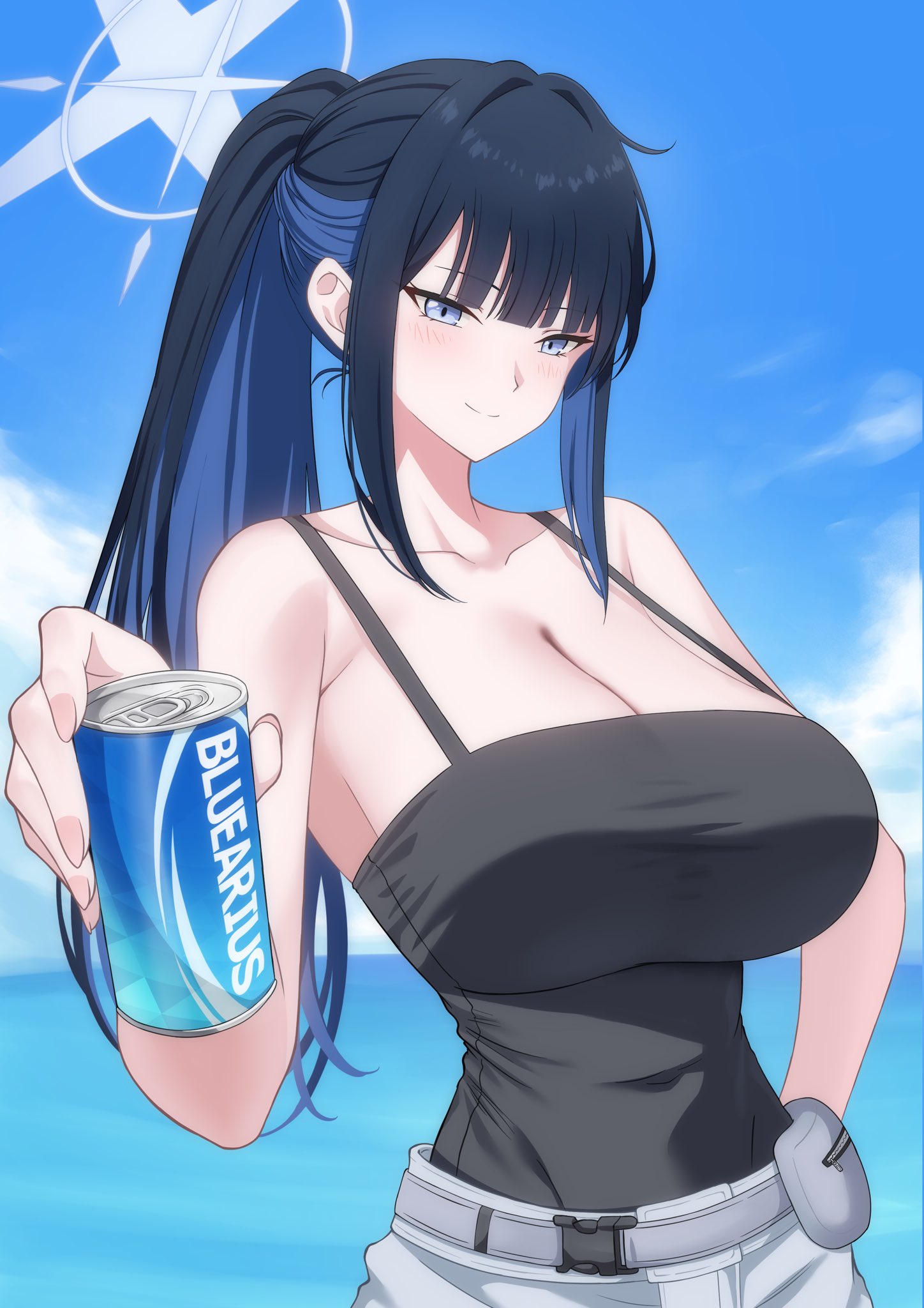 suigetu26, saori (blue archive), saori (swimsuit) (blue archive), blue archive, commentary, highres, 1girl, belt, belt pouch, black camisole, black hair, blue eyes, blue hair, blue halo, blue sky, blunt bangs, blush, breasts, camisole, can, cleavage, closed mouth, cloud, cloudy sky, collarbone, colored inner hair, cowboy shot, cross halo, day, denim, denim shorts, drink, drink can, fanged bangs, grey belt, grey shorts, hair intakes, halo, hand on own hip, holding, holding drink, large breasts, long hair, looking at viewer, multicolored hair, ocean, official alternate costume, outdoors, ponytail, pouch, shirt tucked in, shorts, sky, sleeveless, smile, soda can, solo, standing, two-tone hair