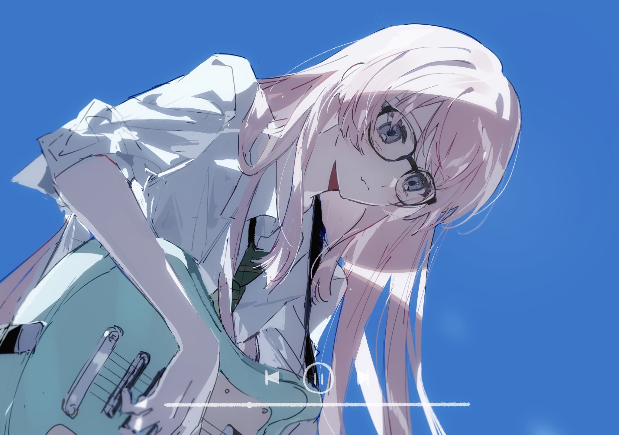 qing yan xia, chihaya anon, bang dream!, bang dream! it's mygo!!!!!, highres, 1girl, blue background, closed mouth, electric guitar, fang, glasses, green necktie, grey eyes, guitar, guitar strap, instrument, long hair, necktie, pink hair, shirt, simple background, skin fang, solo, white shirt
