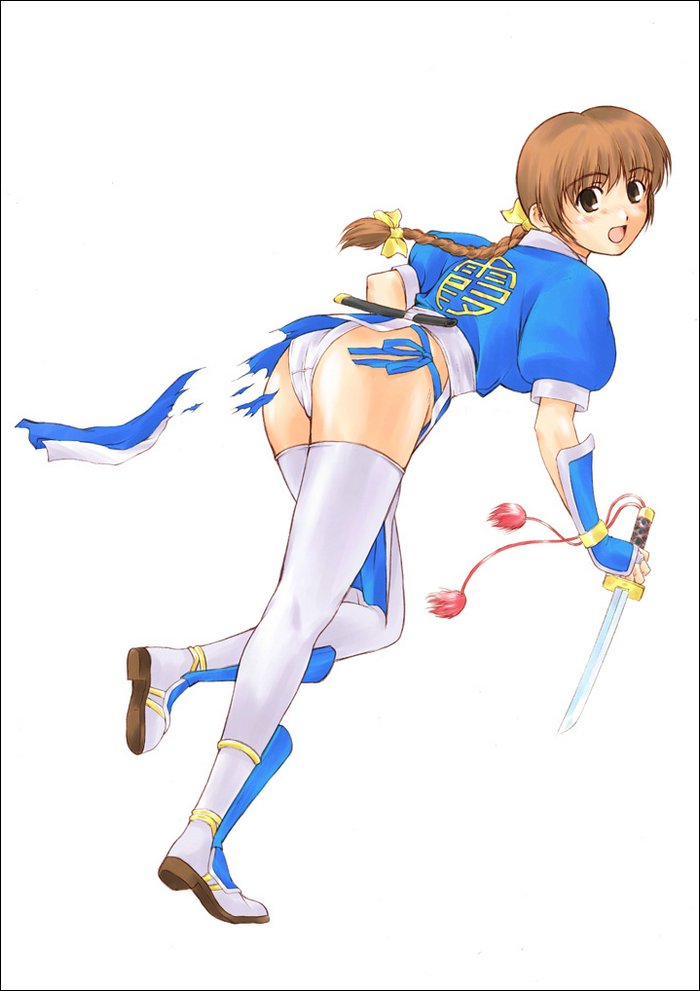 kasumi (doa), dead or alive, tecmo, 1girl, :o, ass, blue dress, blue eyes, brown hair, dress, female focus, from behind, looking at viewer, looking back, open mouth, pelvic curtain, puffy short sleeves, puffy sleeves, short sleeves, simple background, solo, surprised, thighhighs, torn clothes, torn dress, white background