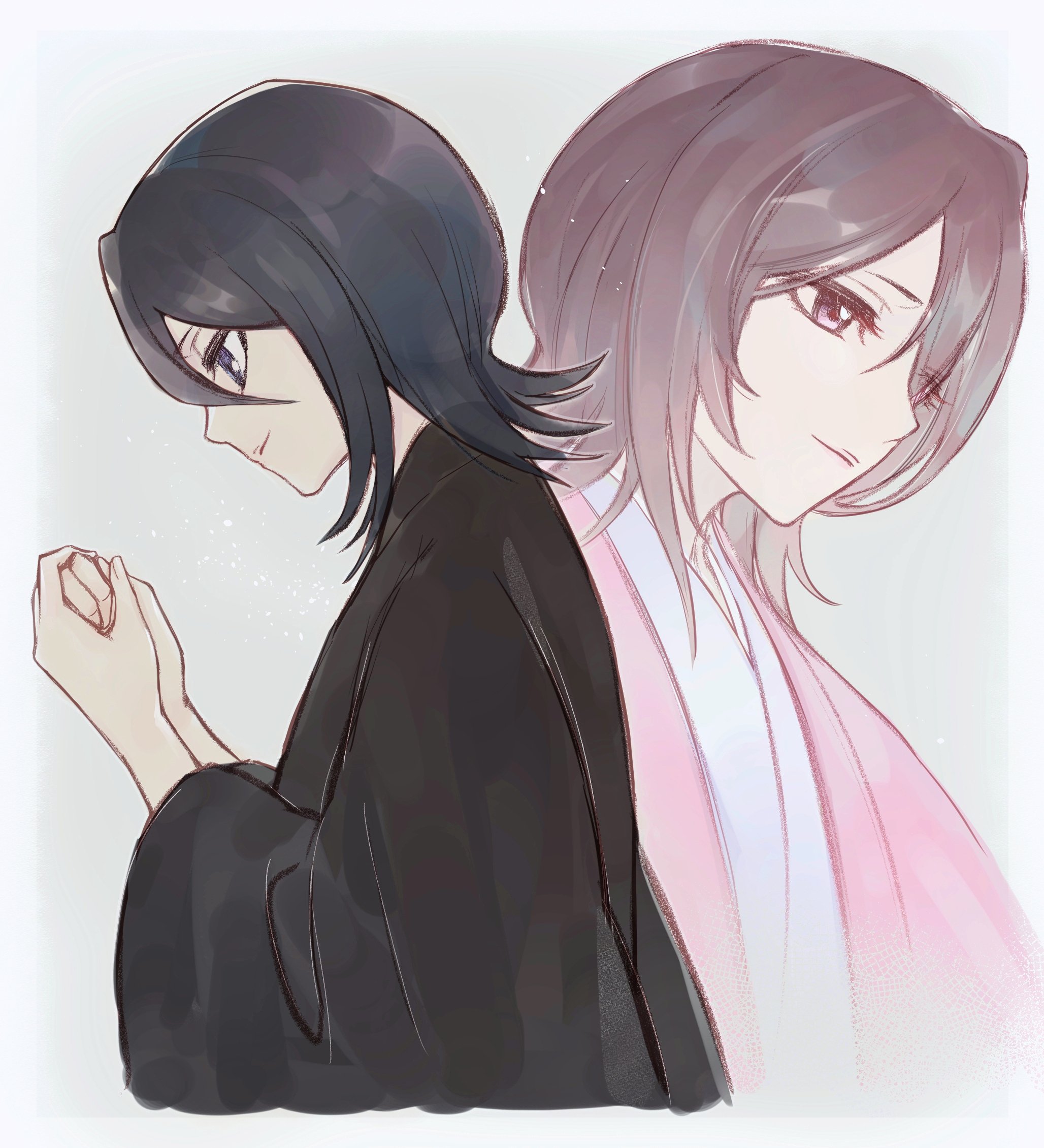 antatica11, kuchiki hisana, kuchiki rukia, bleach, commentary, highres, 2girls, black hair, black kimono, blue eyes, closed mouth, eyelashes, flipped hair, from side, hair between eyes, hands up, holding hands, japanese clothes, kimono, long sleeves, looking down, medium hair, multiple girls, own hands together, pink kimono, profile, purple eyes, siblings, simple background, sisters, smile, upper body, white background, wide sleeves