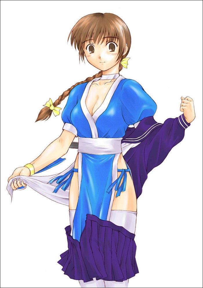kasumi (doa), dead or alive, tecmo, 1girl, female focus, pelvic curtain, school uniform, serafuku, solo, thighhighs, undressing
