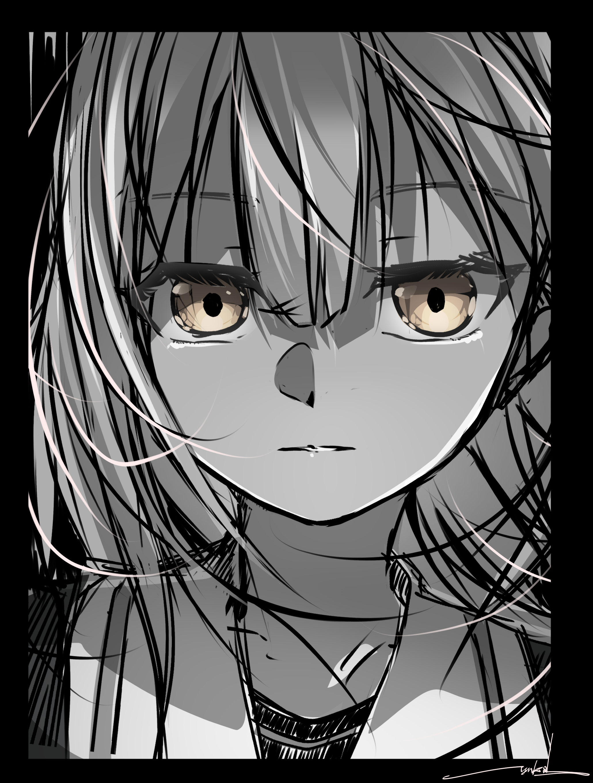 ryo yanakasa, wakaba mutsumi, bang dream!, bang dream! it's mygo!!!!!, absurdres, commentary, highres, 1girl, black border, border, greyscale, long hair, monochrome, parted lips, school uniform, solo, spot color, tsukinomori school uniform, yellow eyes