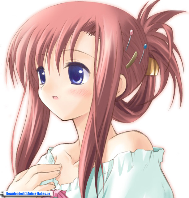 torishimo, miyashiro karin, suigetsu, 1girl, blue eyes, female focus, hair ornament, hairpin, petite, red hair, solo, watermark