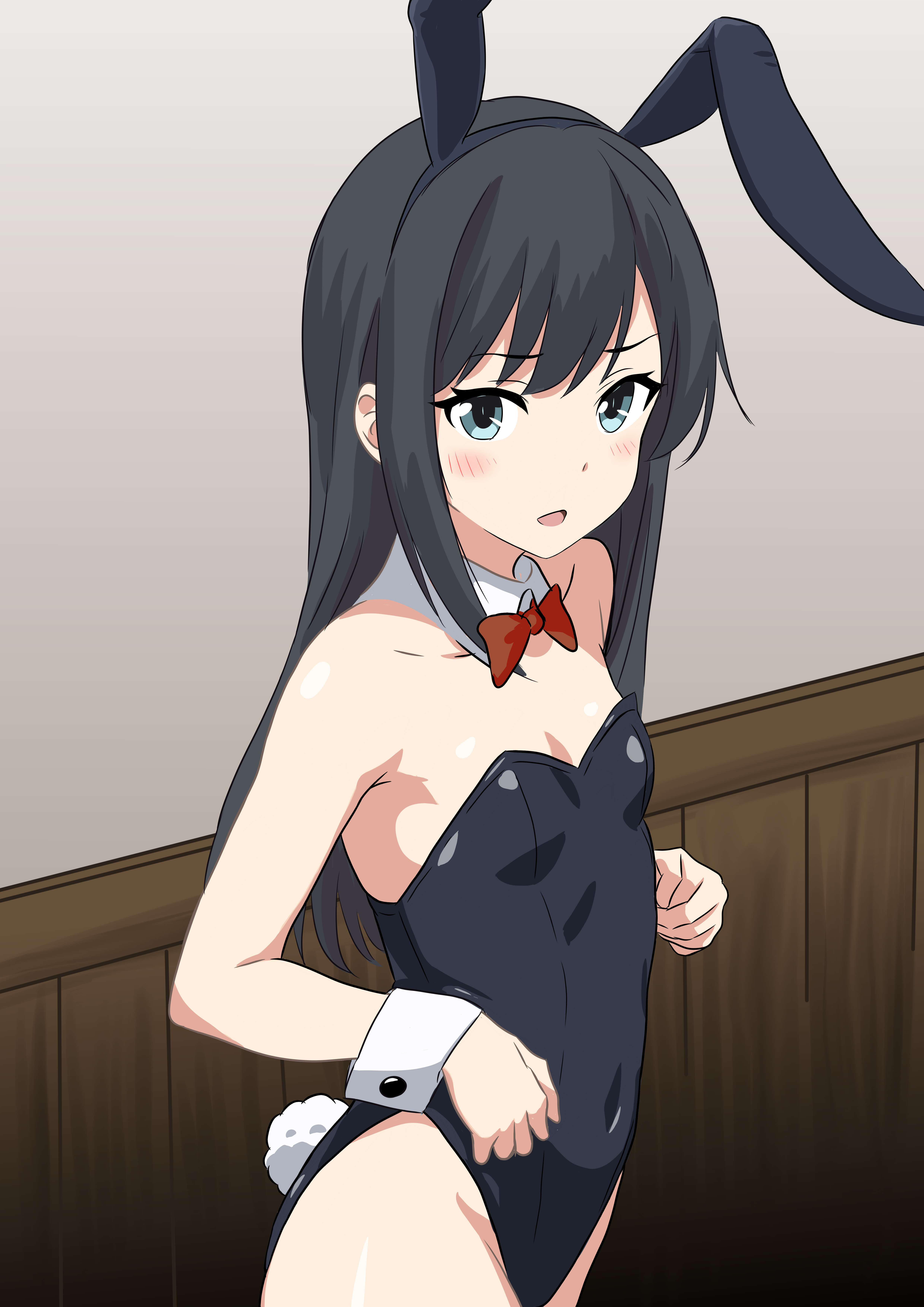bone namu (namu49850), asashio (kancolle), kantai collection, absurdres, highres, 1girl, animal ear hairband, animal ears, bare legs, black hair, black leotard, blue eyes, bow, bowtie, breasts, covered navel, detached collar, fake animal ears, hairband, leotard, long hair, playboy bunny, rabbit ears, rabbit tail, red bow, red bowtie, red eyes, small breasts, solo, strapless, strapless leotard, tail, wrist cuffs