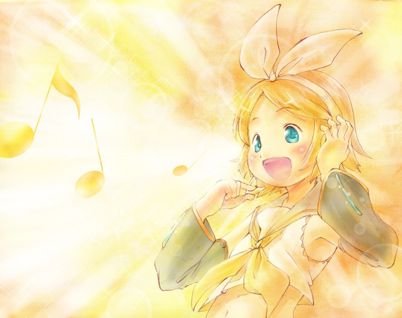 ecocobo, kagamine rin, vocaloid, 1girl, blonde hair, blue eyes, blush, detached sleeves, female focus, midriff, music, musical note, quaver, short hair, singing, smile, solo
