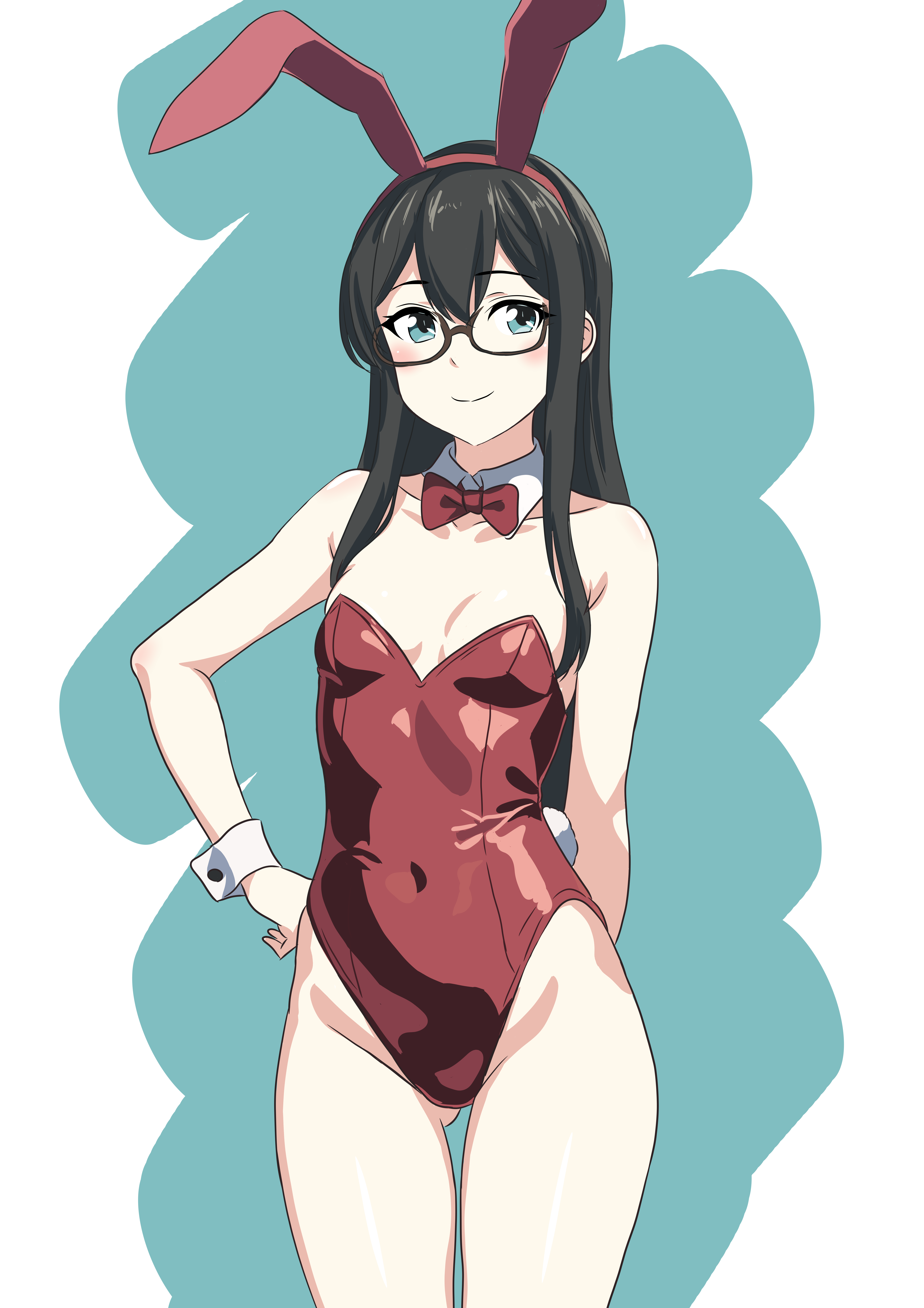 bone namu (namu49850), ooyodo (kancolle), kantai collection, absurdres, highres, animal ear hairband, animal ears, bare legs, black hair, bow, bowtie, breasts, cowboy shot, detached collar, fake animal ears, glasses, green eyes, hairband, hand on own hip, leotard, playboy bunny, rabbit ears, rabbit tail, red bow, red bowtie, red leotard, small breasts, strapless, strapless leotard, tail, wrist cuffs