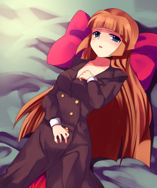 subaru (yachika), ushiromiya rosa, umineko no naku koro ni, 00s, 1girl, blue eyes, blush, brown hair, female focus, hime cut, long hair, lying, on back, solo